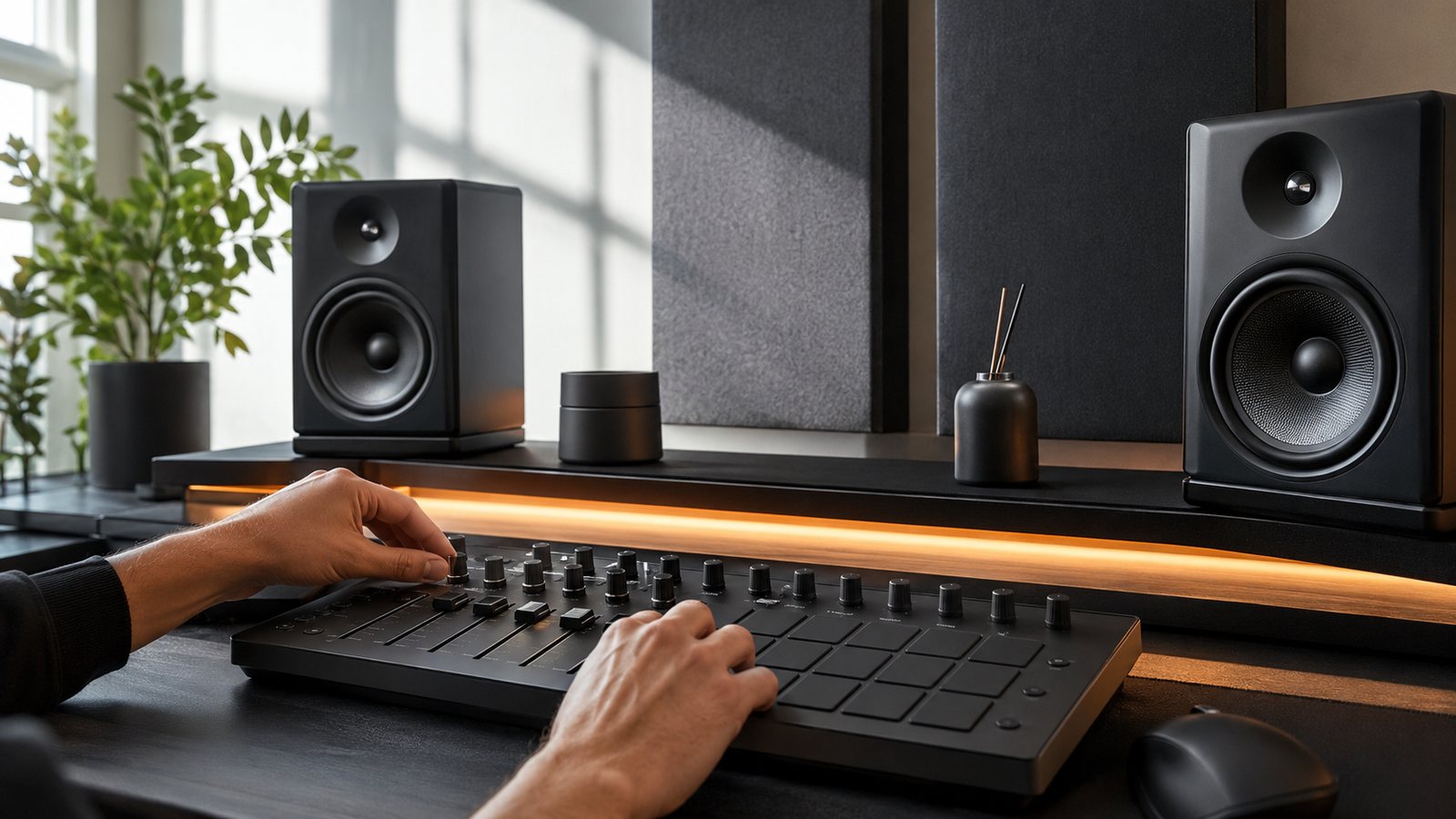Hands producing music at a modern audio workstation with studio monitors