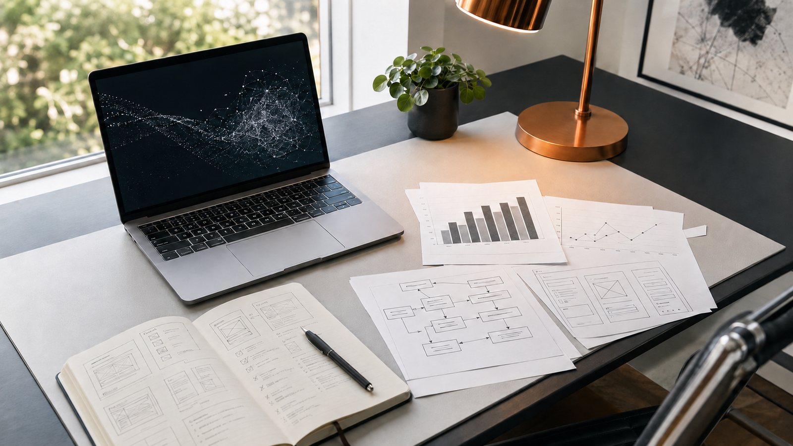 Bright research desk with laptop, printed diagrams, and a copper lamp
