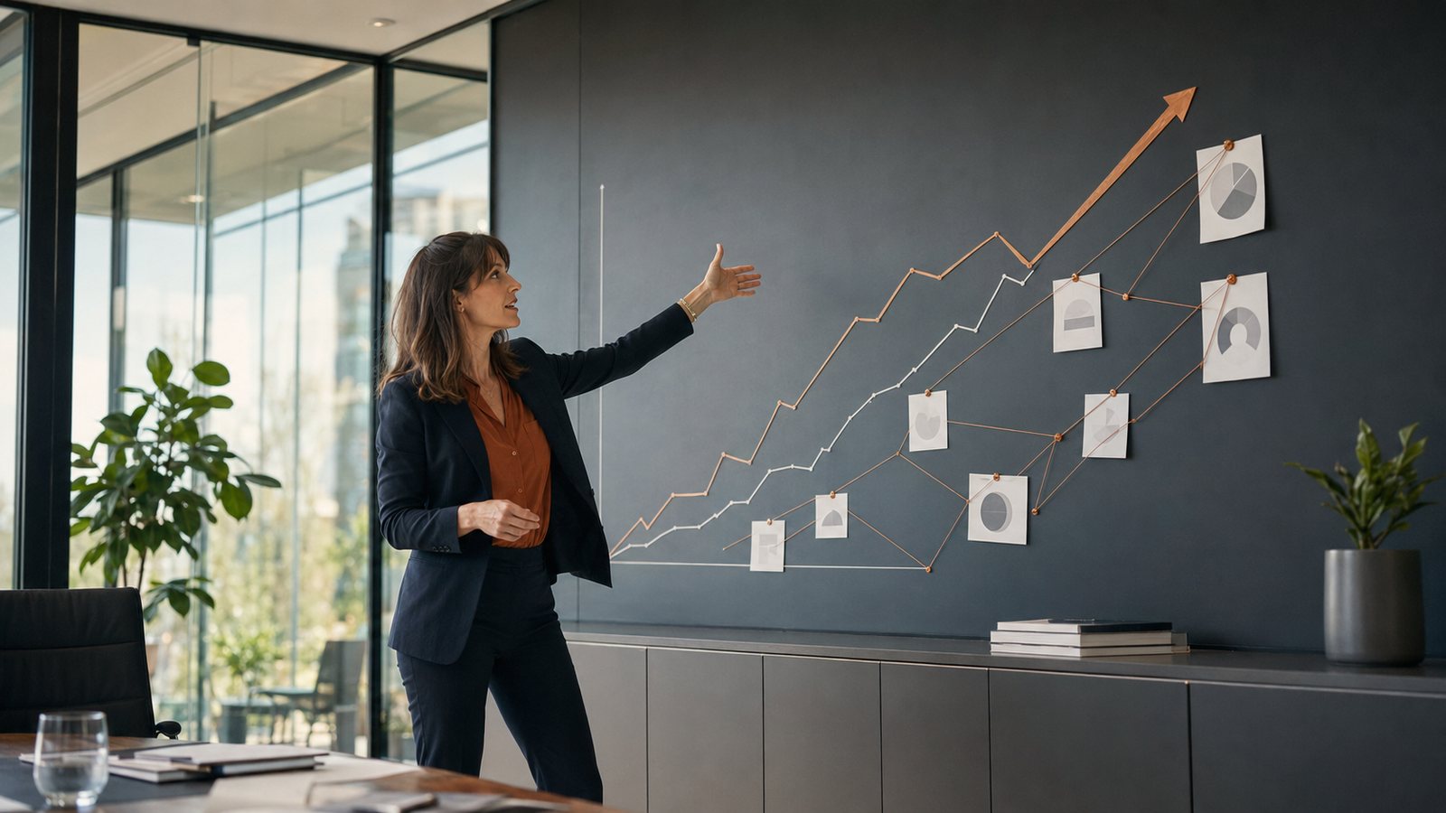 Analyst presenting an ascending trend chart in a modern glass office