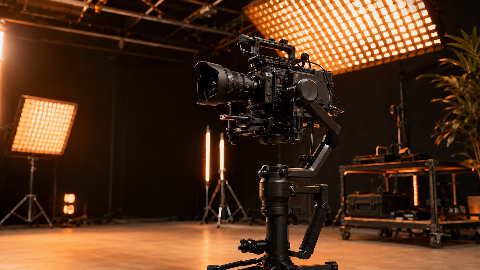 Cinema camera rig in a modern film studio lit by warm LED panels