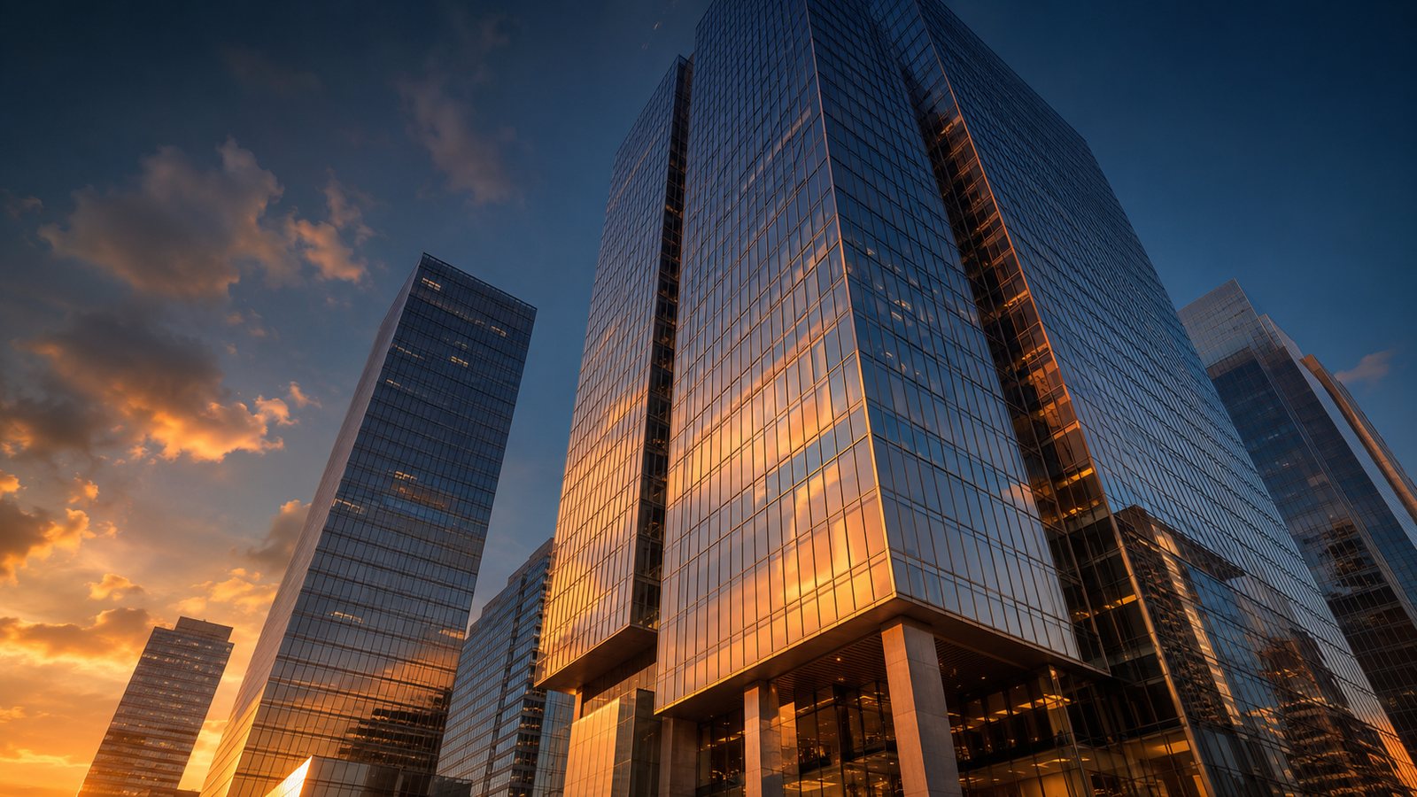 Modern glass office towers glowing in golden hour light