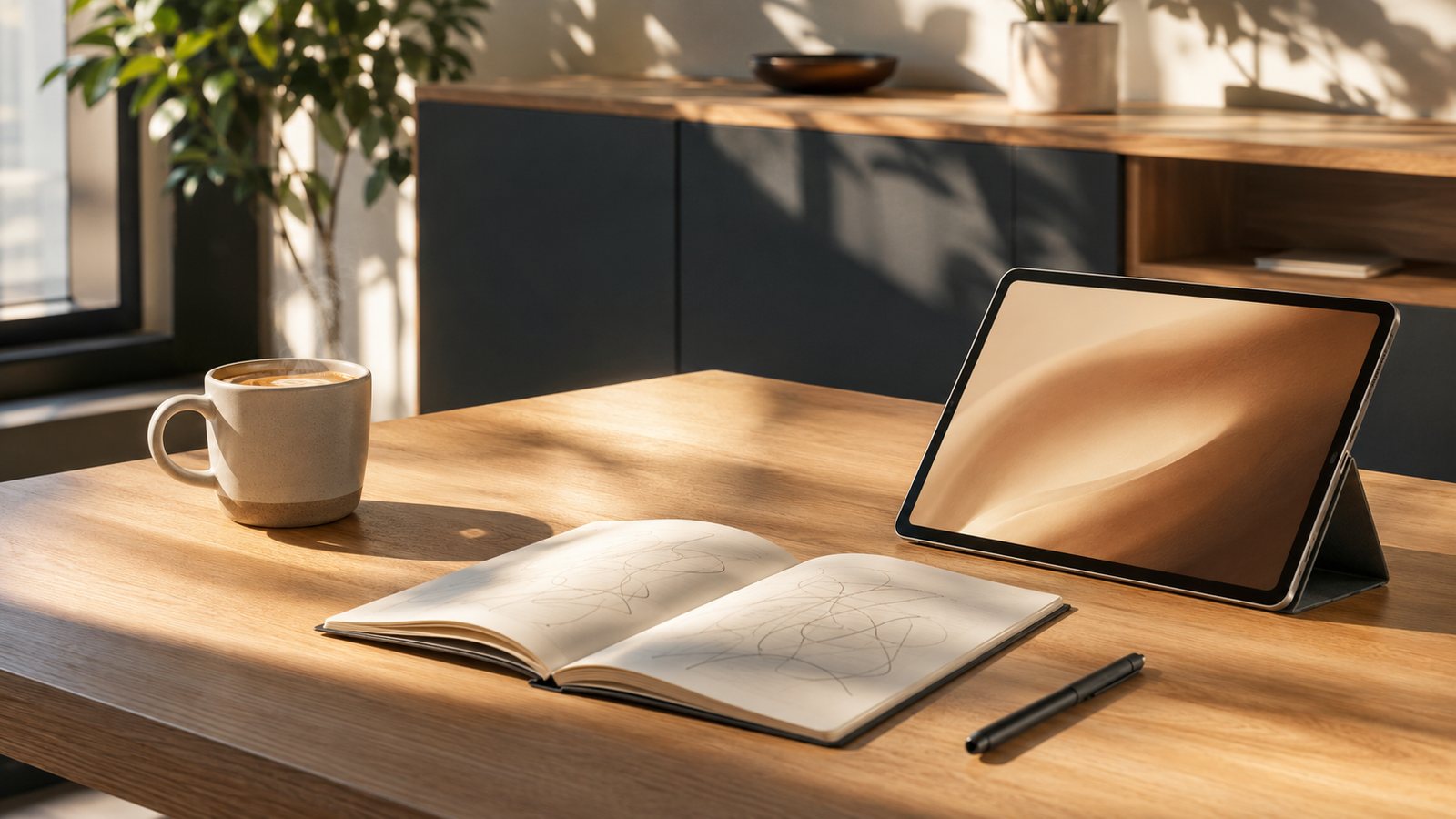 Weekend morning worktable with coffee, notebook, and tablet in warm sunlight